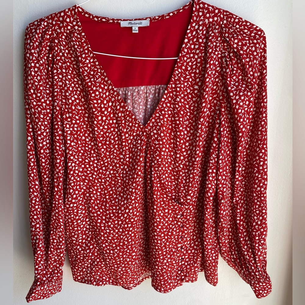 Madewell Womens Kinston Side-Button Wrap Top in Park Picnic Kilt Red Sz Small